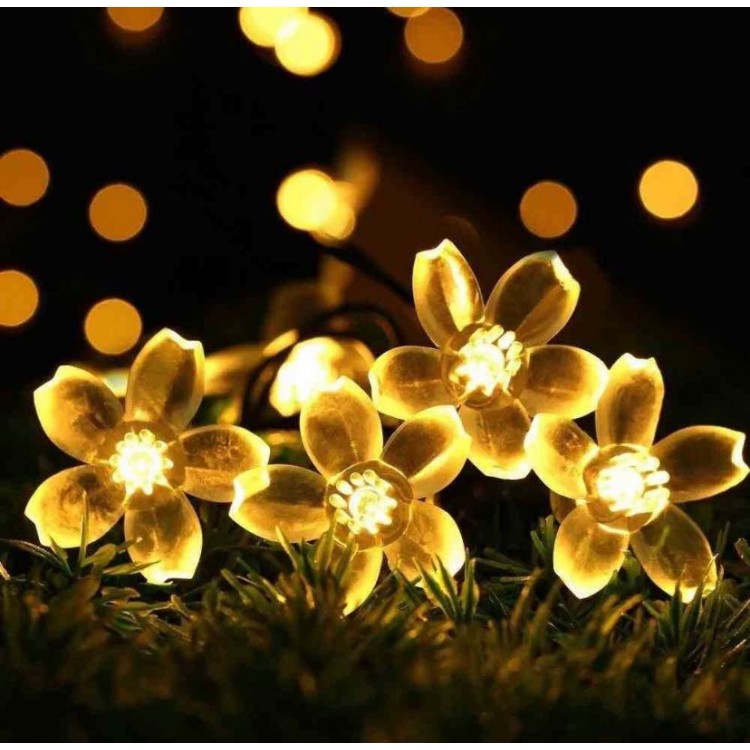 Ghirlanda solara cu bec in forma de floare lumina calda, 30LED-uri, 4,5m - Set 2 bucati