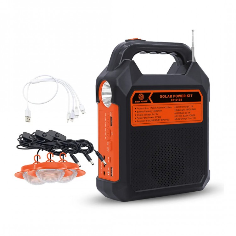 EASY POWER - Kit solar cu panou detasabil, difuzor, 3 becuri, radio, Bluetooth