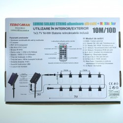 TESCOMAK - Ghirlanda luminoasa cu incarcare solara, lumina alb cald si RGB, 10 becuri, telecomanda, 18422, tescomak.ro