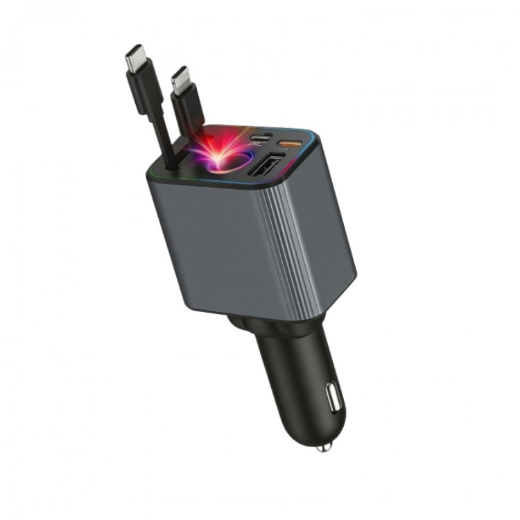 OEM - Adaptor bricheta 12V-5V/2.4 QC/PD, incarcator auto cu cabluri retractabile si voltmetru